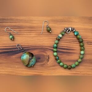 Turquoise And Green Beaded Bracelet, Pensant Drop, and Earring Set